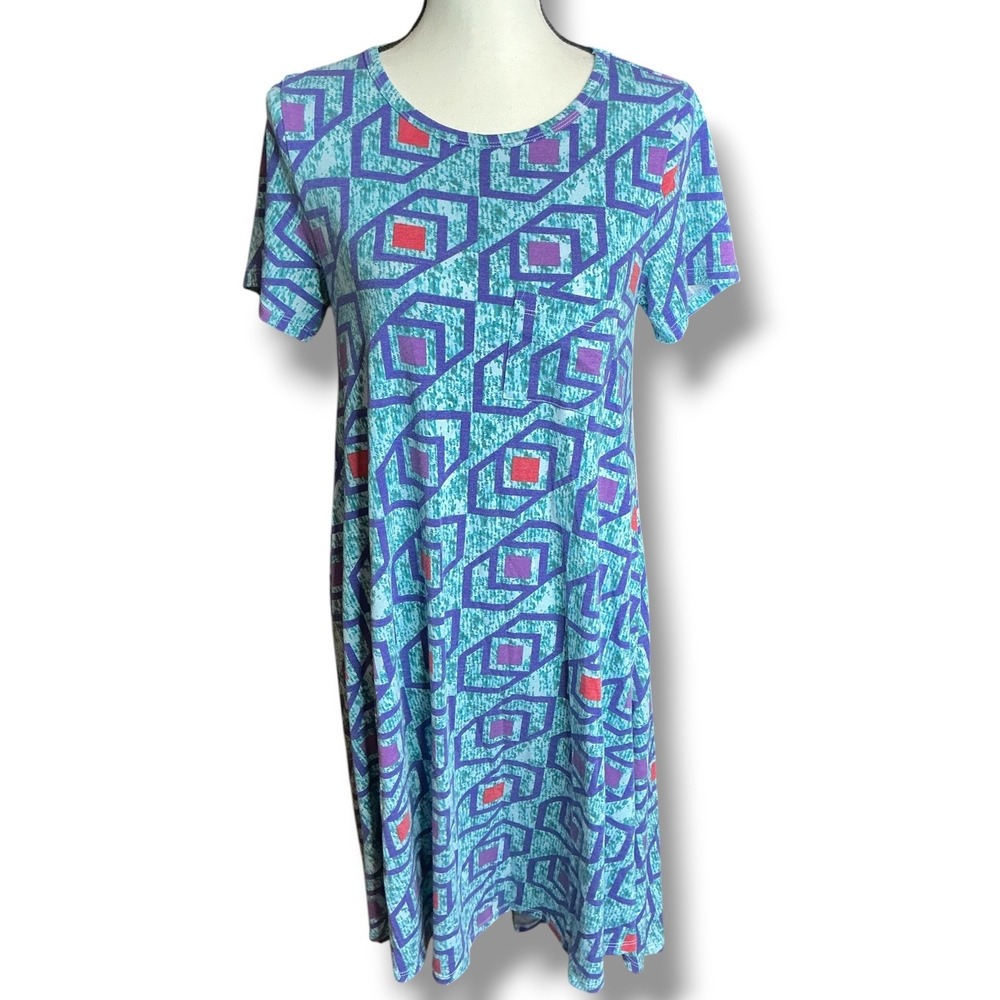LuLaRoe Teal Geometric Carly Dress Women XS Short Sleeve High Low Swing
